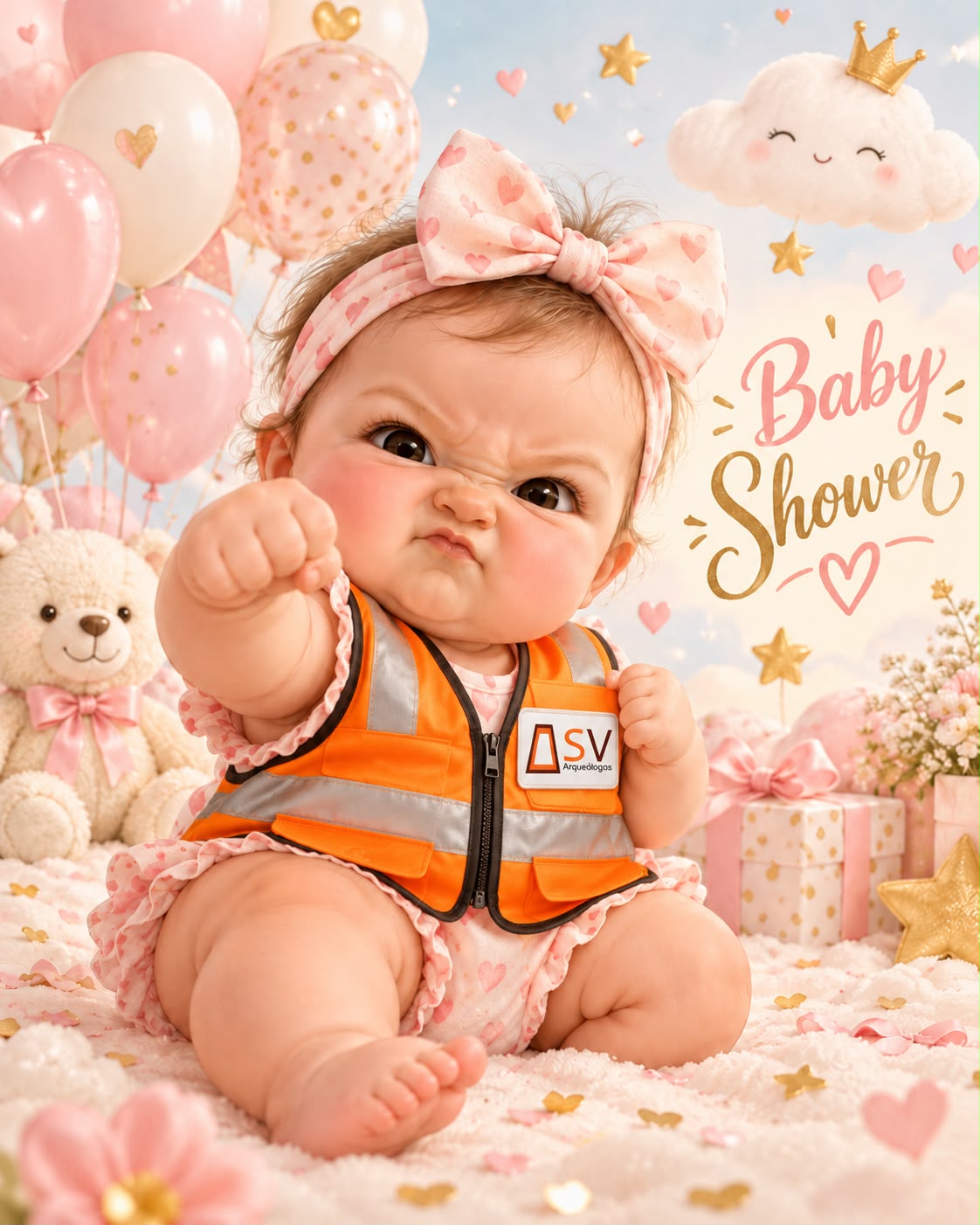 Ilustración de una bebé con chaleco naranja de SV Arqueólogos y decoración rosada de baby shower